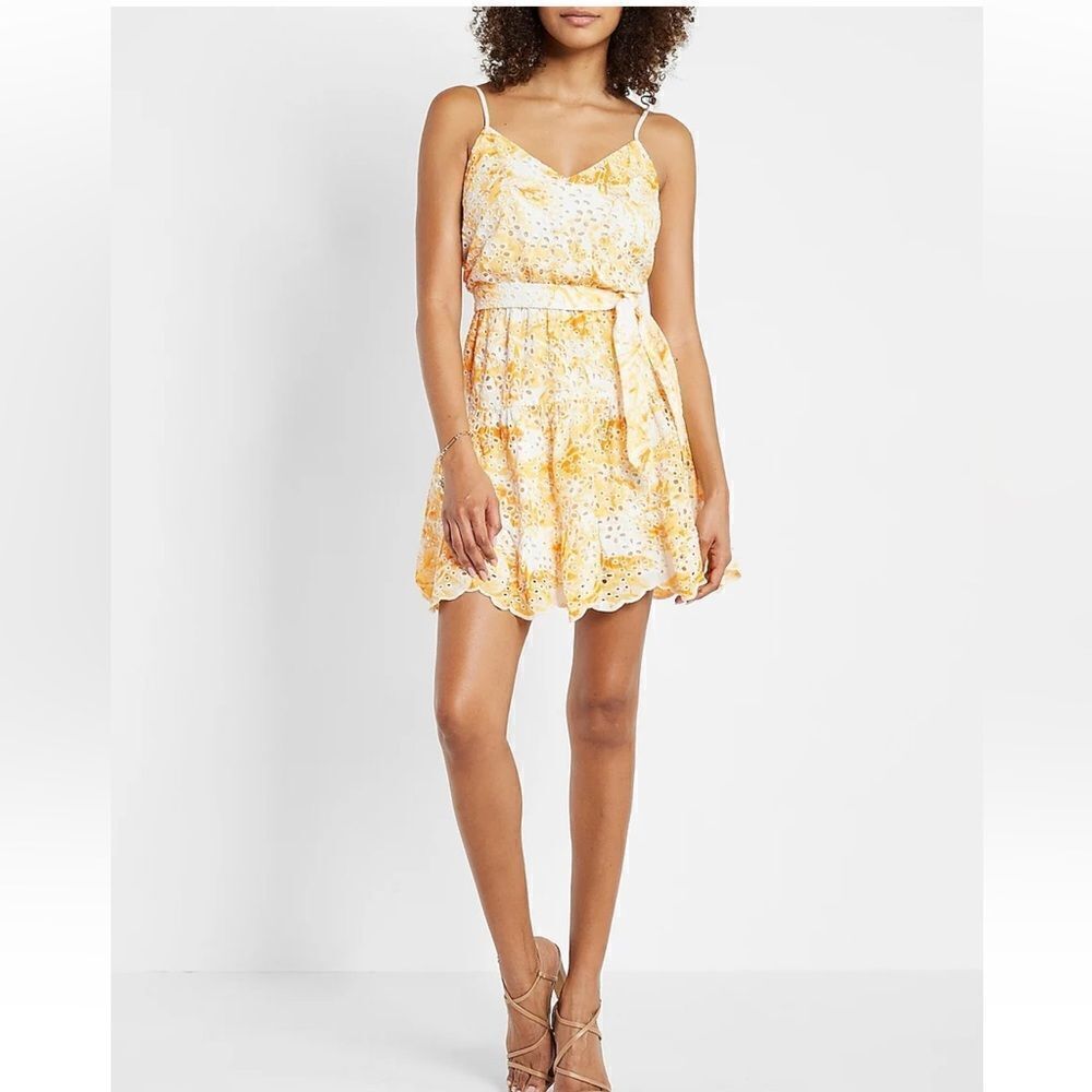 NWT Express Eyelet V-Neck Tie Waist Tiered Trapeze Dress In Yellow Print Small